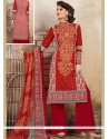 Red Print Work Palazzo Suit