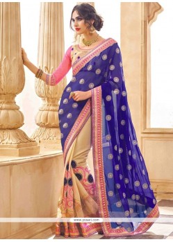 Faux Georgette Beige And Blue Half N Half Designer Saree