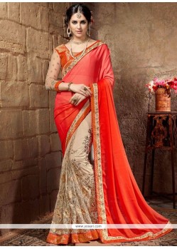 Beige And Orange Patch Border Work Net Designer Half N Half Saree