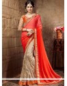 Beige And Orange Patch Border Work Net Designer Half N Half Saree