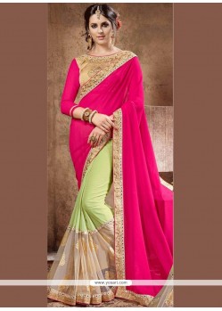 Green And Hot Pink Resham Work Half N Half Saree