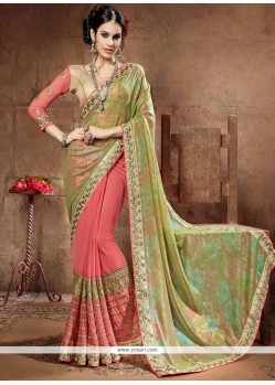 Resham Work Green And Peach Designer Half N Half Saree