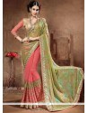 Resham Work Green And Peach Designer Half N Half Saree