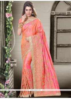 Art Silk Peach And Pink Embroidered Work Shaded Saree