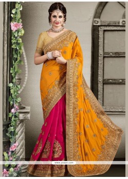 Patch Border Art Silk Designer Half N Half Saree In Hot Pink And Yellow