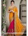 Patch Border Art Silk Designer Half N Half Saree In Hot Pink And Yellow