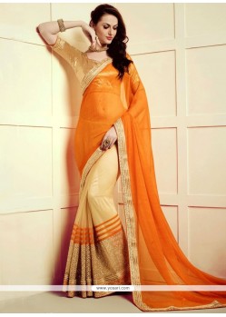 Patch Border Work Beige And Orange Half N Half Designer Saree