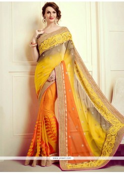 Orange And Yellow Embroidered Work Faux Chiffon Shaded Saree