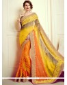 Orange And Yellow Embroidered Work Faux Chiffon Shaded Saree