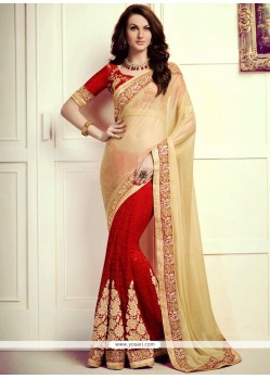 Patch Border Lycra Designer Half N Half Saree In Cream And Red