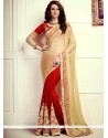 Patch Border Lycra Designer Half N Half Saree In Cream And Red