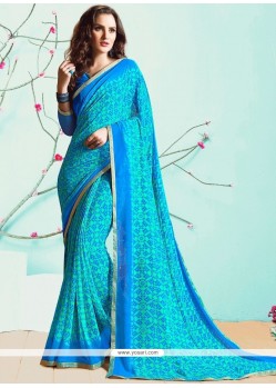 Blue Faux Georgette Printed Saree