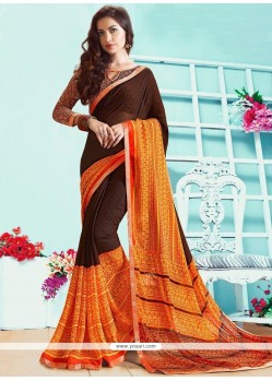 Faux Georgette Brown Printed Saree