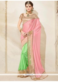 Green And Pink Embroidered Work Art Silk Designer Half N Half Saree