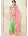 Green And Pink Embroidered Work Art Silk Designer Half N Half Saree