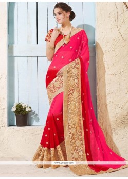 Faux Chiffon Hot Pink And Red Shaded Saree