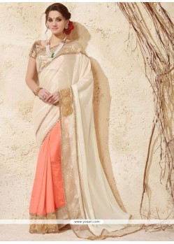 Patch Border Work Cream And Peach Designer Half N Half Saree