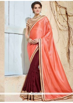 Embroidered Work Brown And Peach Jacquard Designer Half N Half Saree