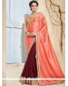 Embroidered Work Brown And Peach Jacquard Designer Half N Half Saree