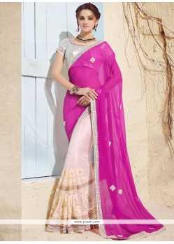 Embroidered Work Cream And Hot Pink Half N Half Saree