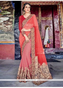 Net Pink And Red Designer Half N Half Saree