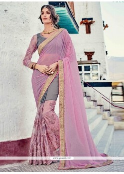 Grey And Pink Embroidered Work Faux Georgette Designer Half N Half Saree