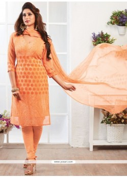 Faux Georgette Orange Print Work Churidar Suit