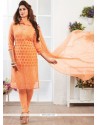 Faux Georgette Orange Print Work Churidar Suit