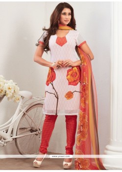 Faux Georgette Red And White Churidar Suit