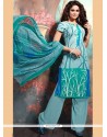 Print Work Faux Crepe Blue Palazzo Suit