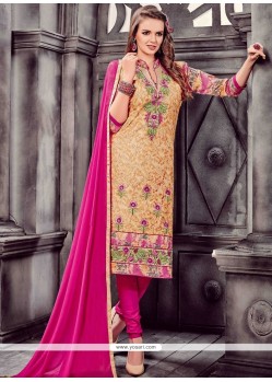 Beige And Hot Pink Embroidered Work Cotton Churidar Suit