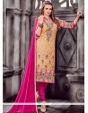 Beige And Hot Pink Embroidered Work Cotton Churidar Suit