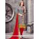 Embroidered Work Grey And Red Cotton Churidar Suit