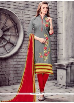 Embroidered Work Grey And Red Cotton Churidar Suit