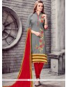 Embroidered Work Grey And Red Cotton Churidar Suit