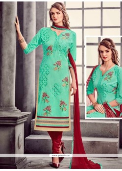 Lace Cotton Churidar Suit In Green And Maroon