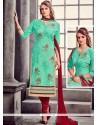 Lace Cotton Churidar Suit In Green And Maroon