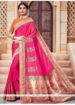 Hot Pink Patch Border Work Banarasi Silk Traditional Designer Saree