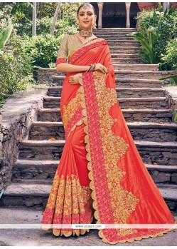 Orange Embroidered Work Art Silk Designer Traditional Saree