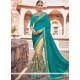 Beige And Sea Green Patch Border Work Net Half N Half Designer Saree