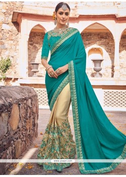 Beige And Sea Green Patch Border Work Net Half N Half Designer Saree