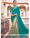 Beige And Sea Green Patch Border Work Net Half N Half Designer Saree