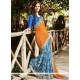 Embroidered Work Blue And Orange Designer Half N Half Saree