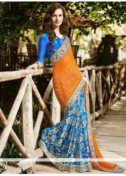 Embroidered Work Blue And Orange Designer Half N Half Saree