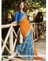 Embroidered Work Blue And Orange Designer Half N Half Saree