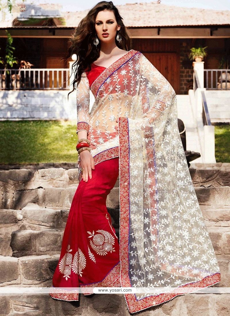 Red And White Embroidered Work Faux Georgette Designer Half N Half Saree
