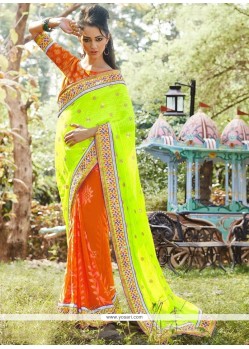 Satin Orange And Yellow Embroidered Work Designer Half N Half Saree