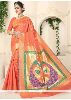 Weaving Work Orange Designer Traditional Saree