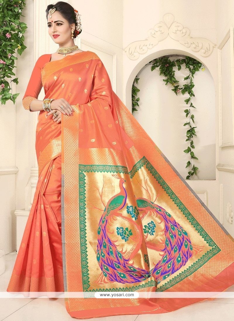 Weaving Work Orange Designer Traditional Saree