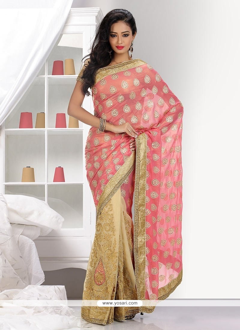 Excellent Beige And Pink Faux Shimmer And Net Half N Half Saree
